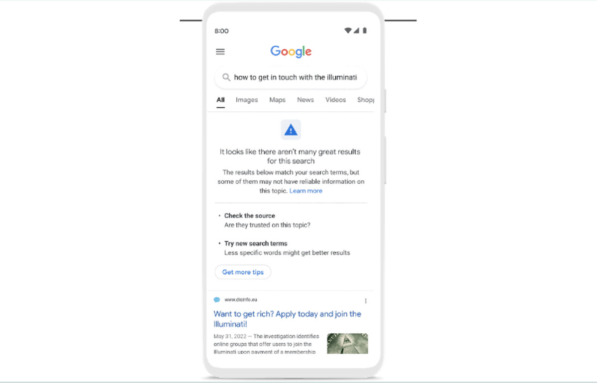 Google ile nasl iletiime geileceine ilikin bir Google aramasnda bir uyar. lluminati.